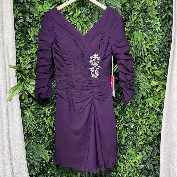 JJ's House Women Dress 6 Purple Formal Short Pleated Stoned Wedding 1658 - Picture 9 of 14
